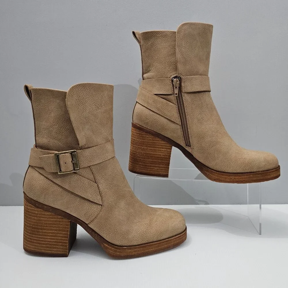 NEW Korks By Kork Ease Marci II Ankle Boot Womens 9.5 Natural Tan Block Heel